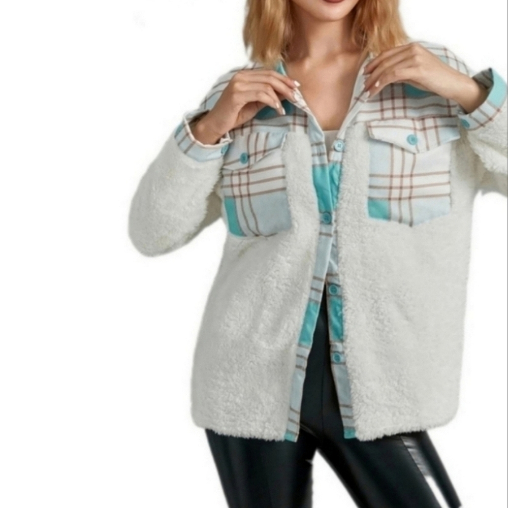 Fleece Shacket With Plaid Womens Large